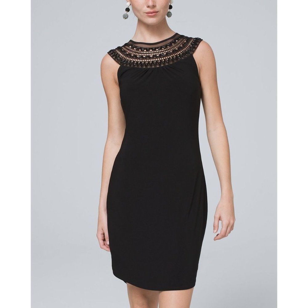 White House Black Market Women Shift Dress Embellished Neck Black Size Small